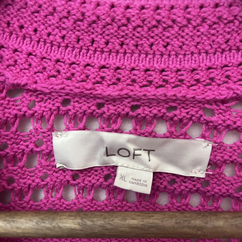 LOFT Womens XL Pink Pointelle Open Knit Cotton Cardigan Button V Neck Cropped - Picture 6 of 7